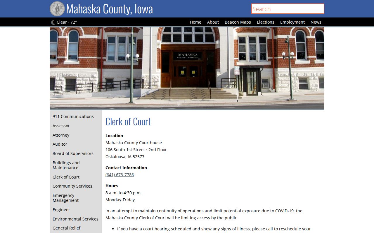 Mahaska County criminal court case clerk and courthouse information