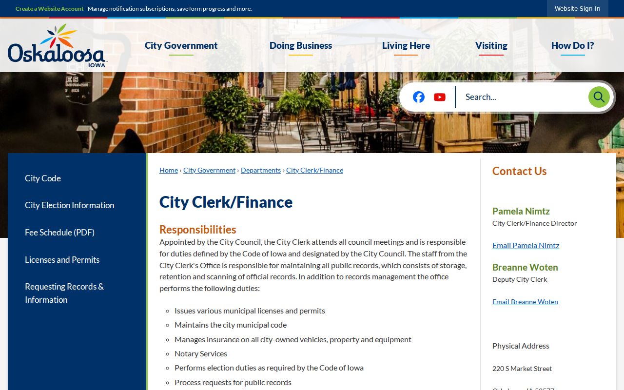 Oskaloosa criminal records source showing the city clerk records office