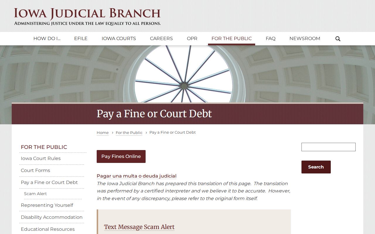 Oskaloosa criminal records source showing official Iowa court debt payment instructions