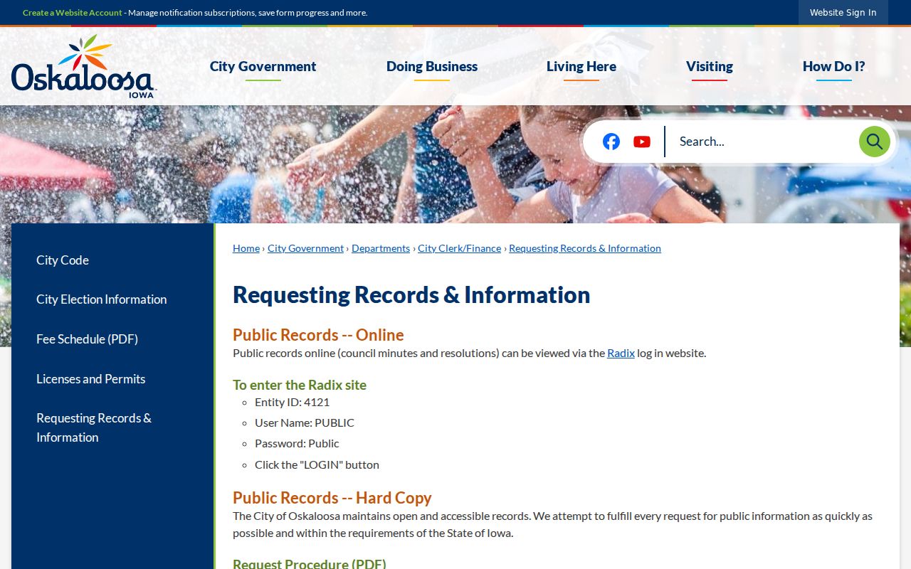 Oskaloosa criminal records source showing the city records request procedure