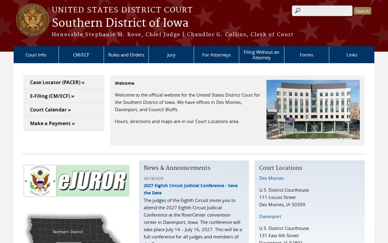 Oskaloosa criminal records source for the Southern District of Iowa federal court